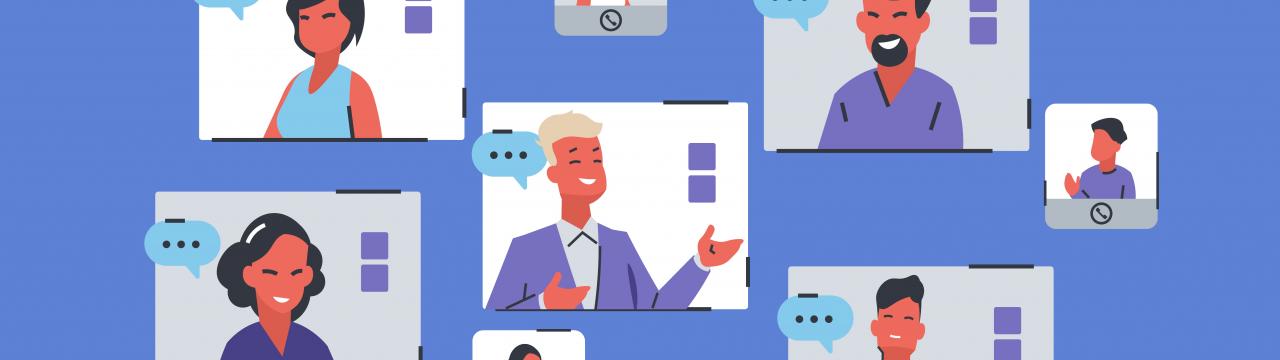 Business Meeting Videocall Fenster auf Bildschirm Vektor Cartoon Videokonferenz Konzept