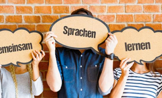 Deutsche und französische Jugendliche halten Schilder mit ihren Landesfahnen in die Luft.