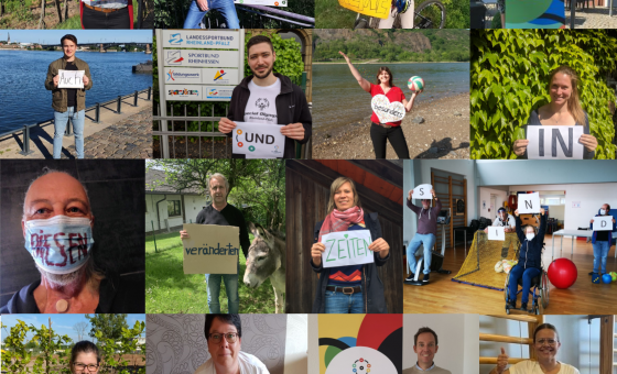 Bildcollage aller Inklusionslots*innen mit Schildern, die den Schriftzug ergeben: "Inklusion kennt keine Auszeit. Auch und besonders in krisenveränderten Zeiten sind wir für Euch da!