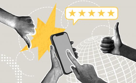 Grafik mit Smartphone, Daumen hoch und Daumen runter